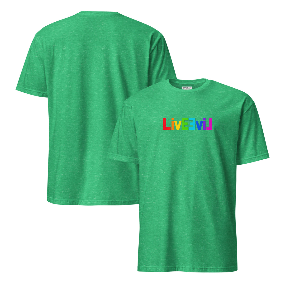 Rainbow Classic Logo LivEƎvi⅃ graphic tee in heather Irish green, front and back view