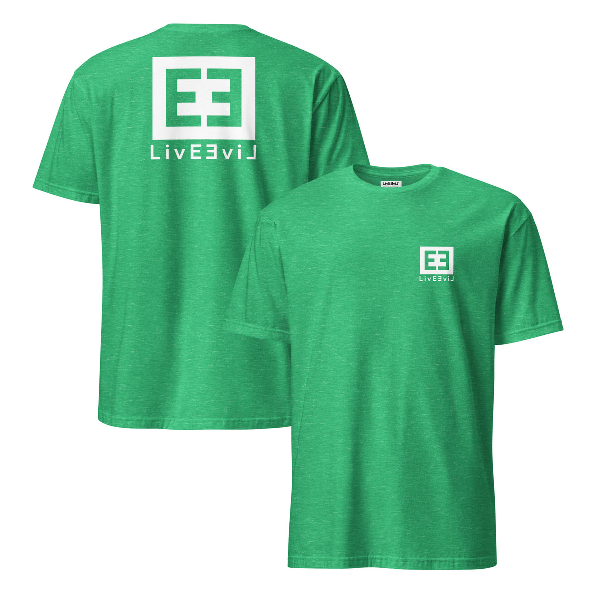 LivEƎvi⅃ 3OF3 graphic T-shirt in heather Irish green, front and back view