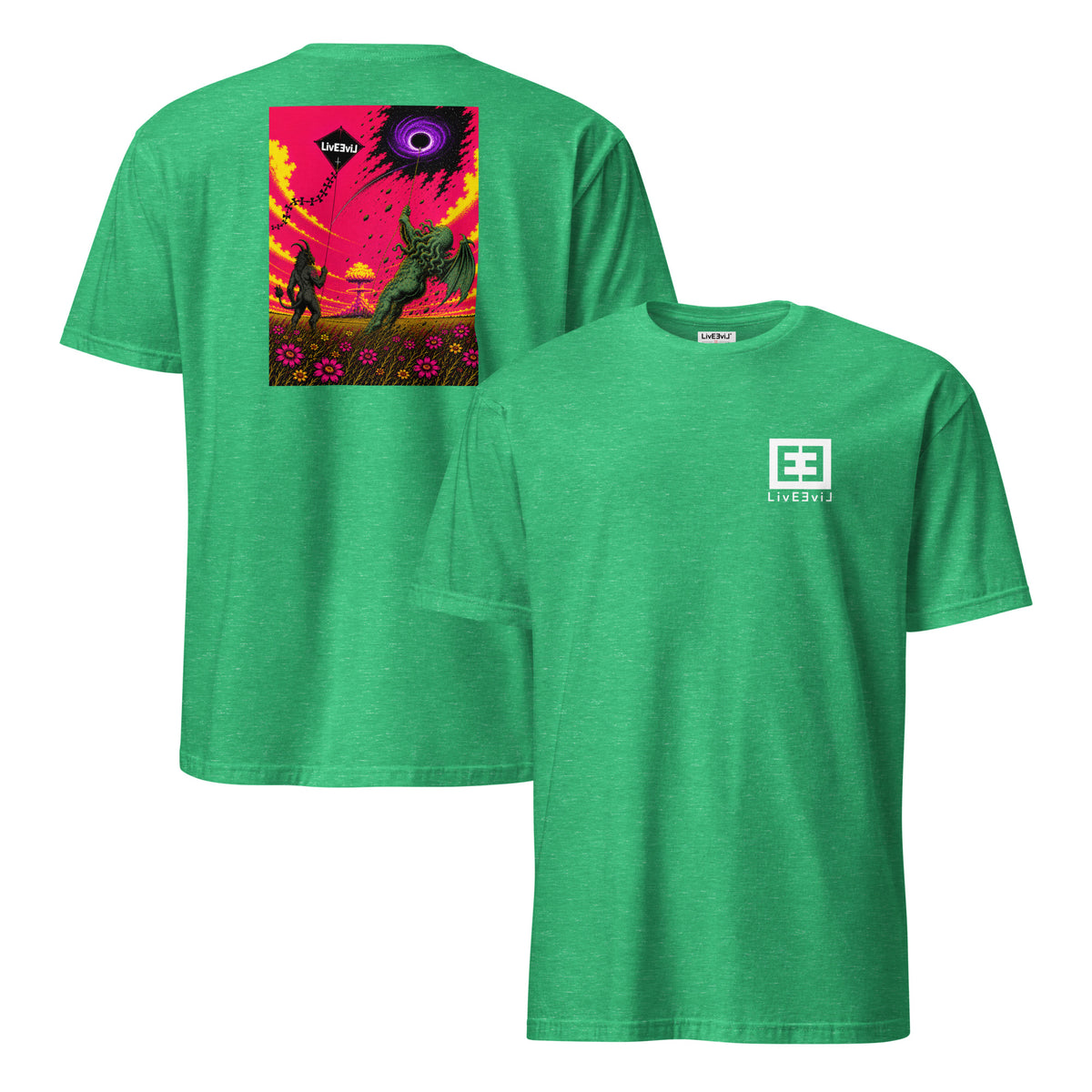 Kite Chaos LivEƎvi⅃ graphic T-shirt in heather Irish green, front and back view