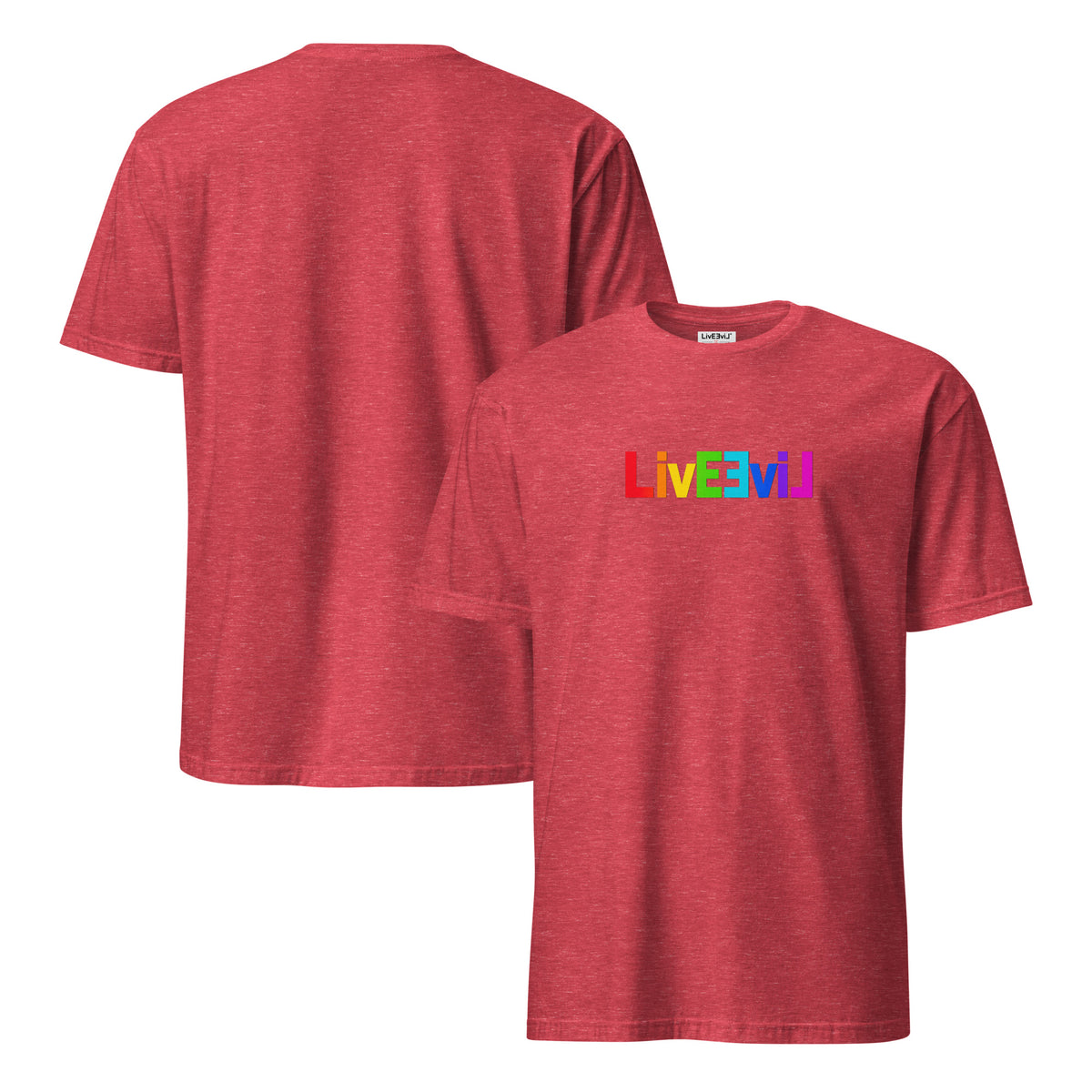 Rainbow Classic Logo LivEƎvi⅃ graphic tee in heather red, front and back view