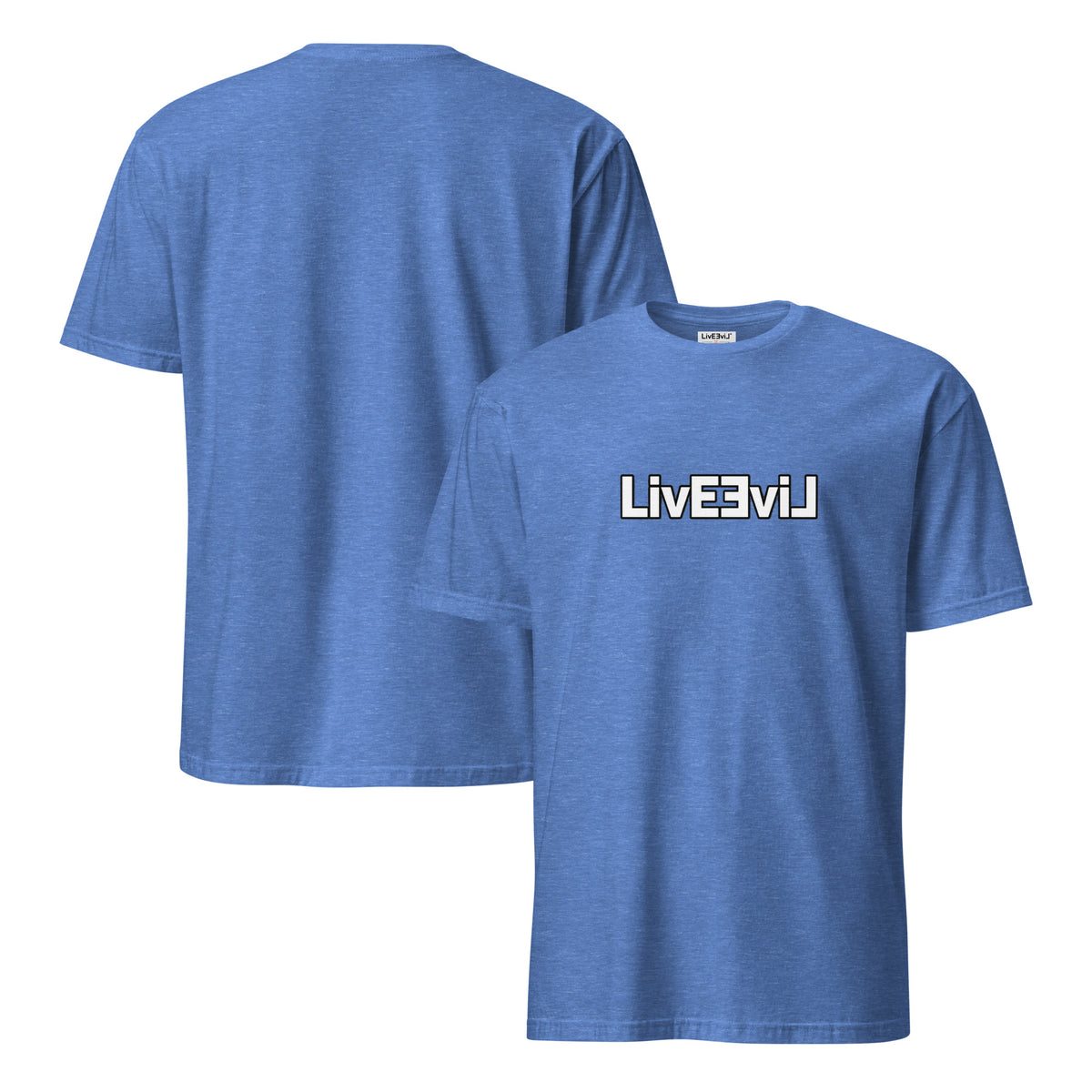 LivEƎvi⅃ 1OF3 logo graphic tee in heather royal, front and back view