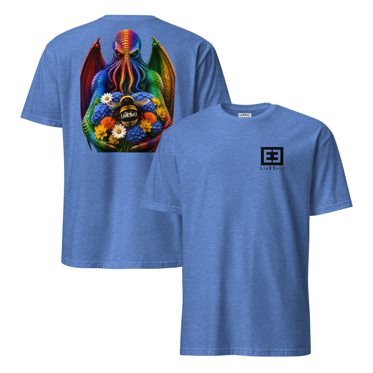 Cthulhu's Beautiful Flowers LivEƎvi⅃ graphic tee in heather royal, front and back view