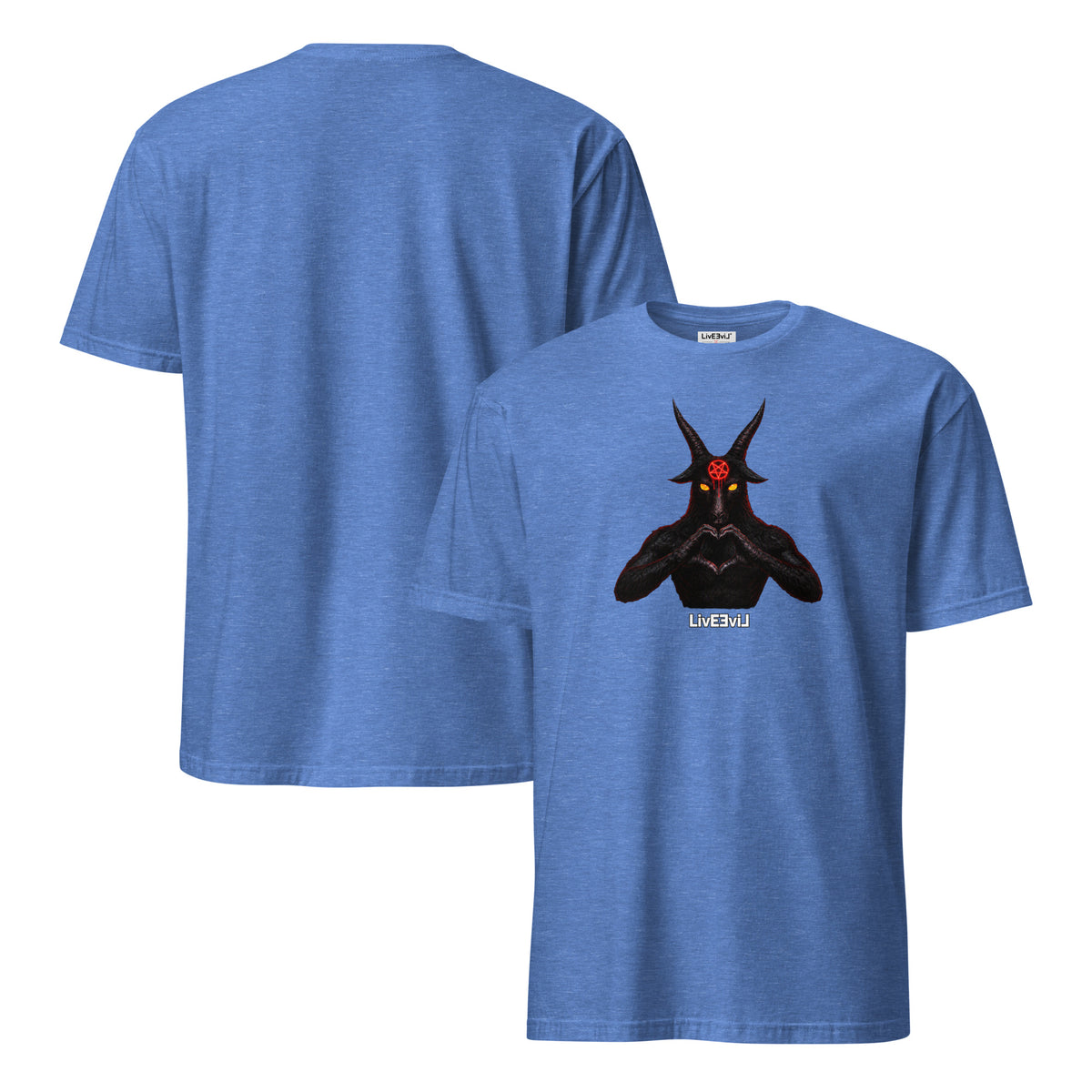 Baphomet Loves You LivEƎvi⅃ graphic tee in heather royal, front and back view