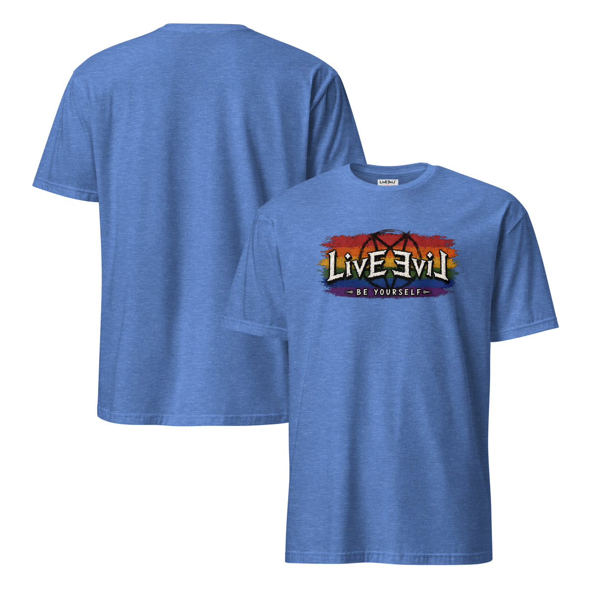 Be Yourself LivEƎvi⅃ graphic tee in heather royal, front and back view