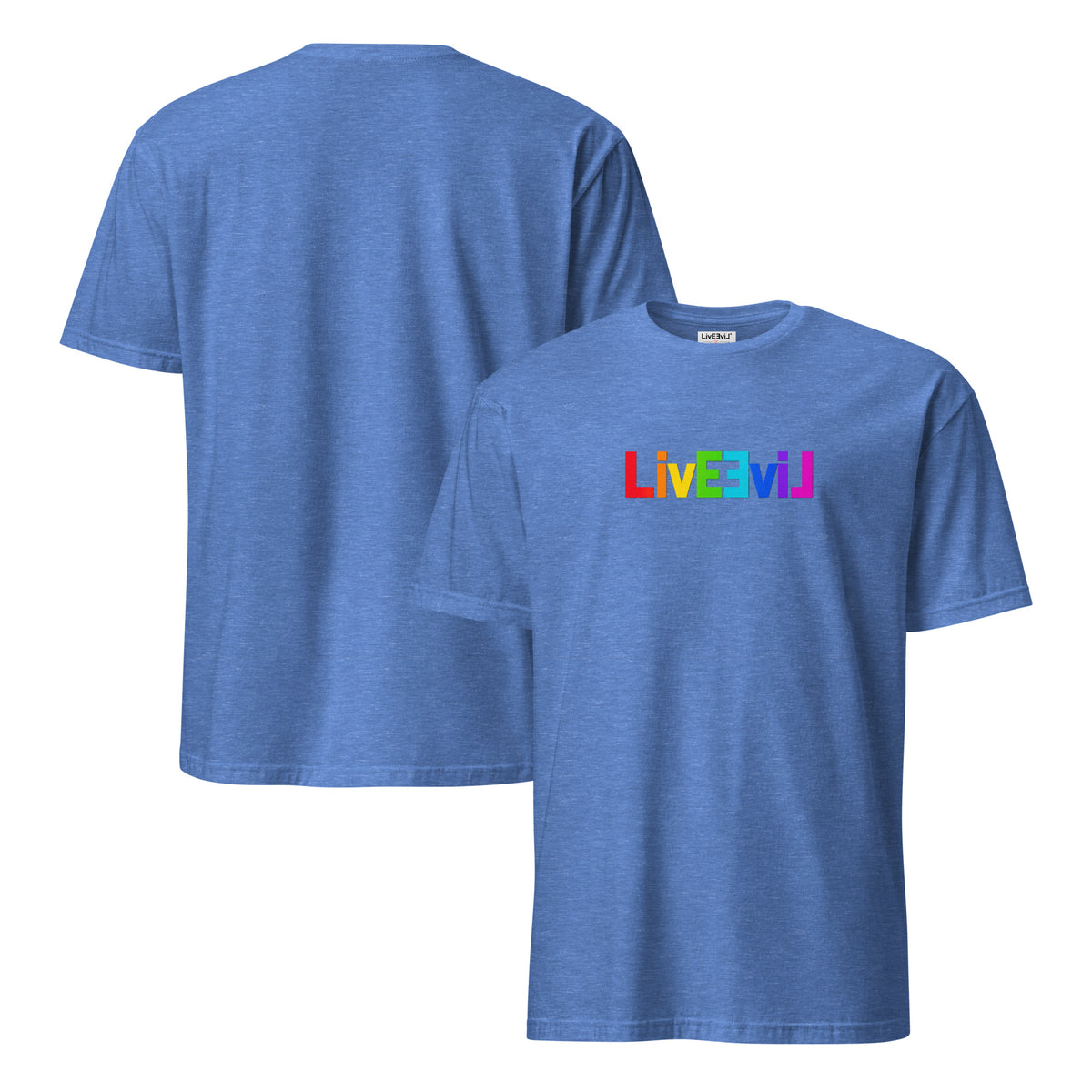 Rainbow Classic Logo LivEƎvi⅃ graphic tee in heather royal, front and back view