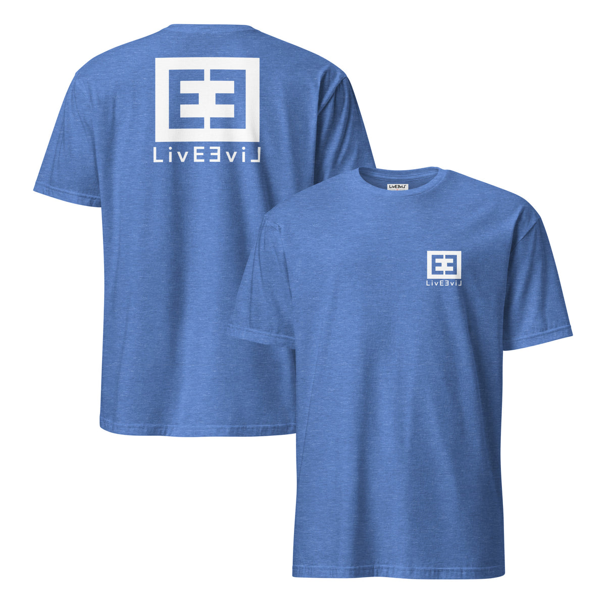 LivEƎvi⅃ 3OF3 graphic T-shirt in heather royal, front and back view