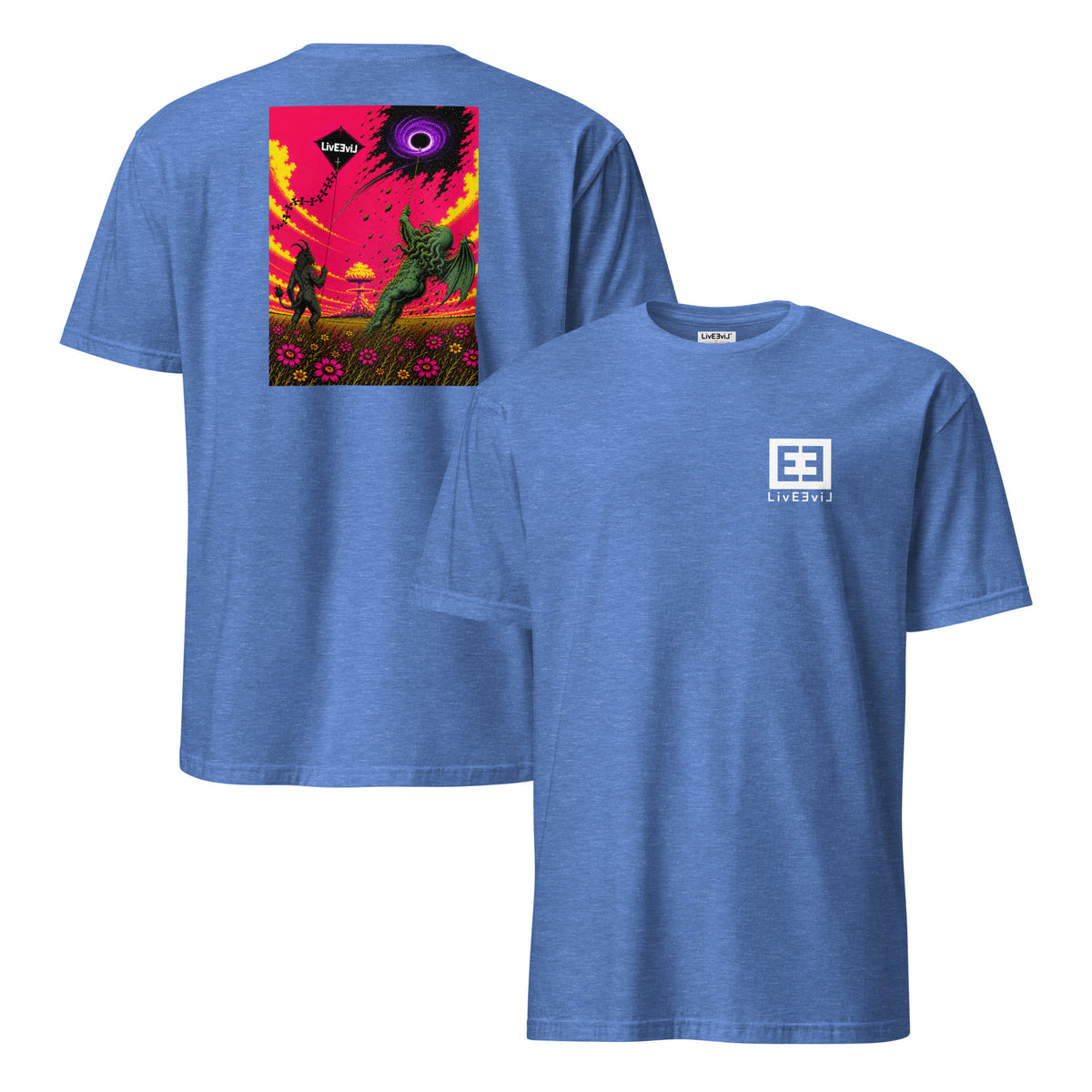 Kite Chaos LivEƎvi⅃ graphic T-shirt in heather royal, front and back view