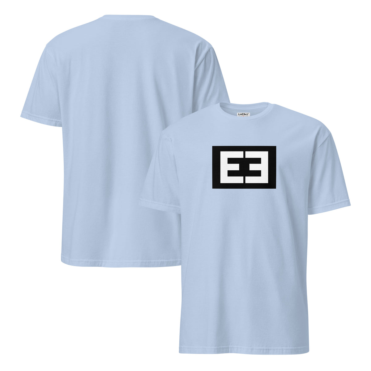 Question the Label LivEƎvi⅃ graphic tee in light blue, front and back view