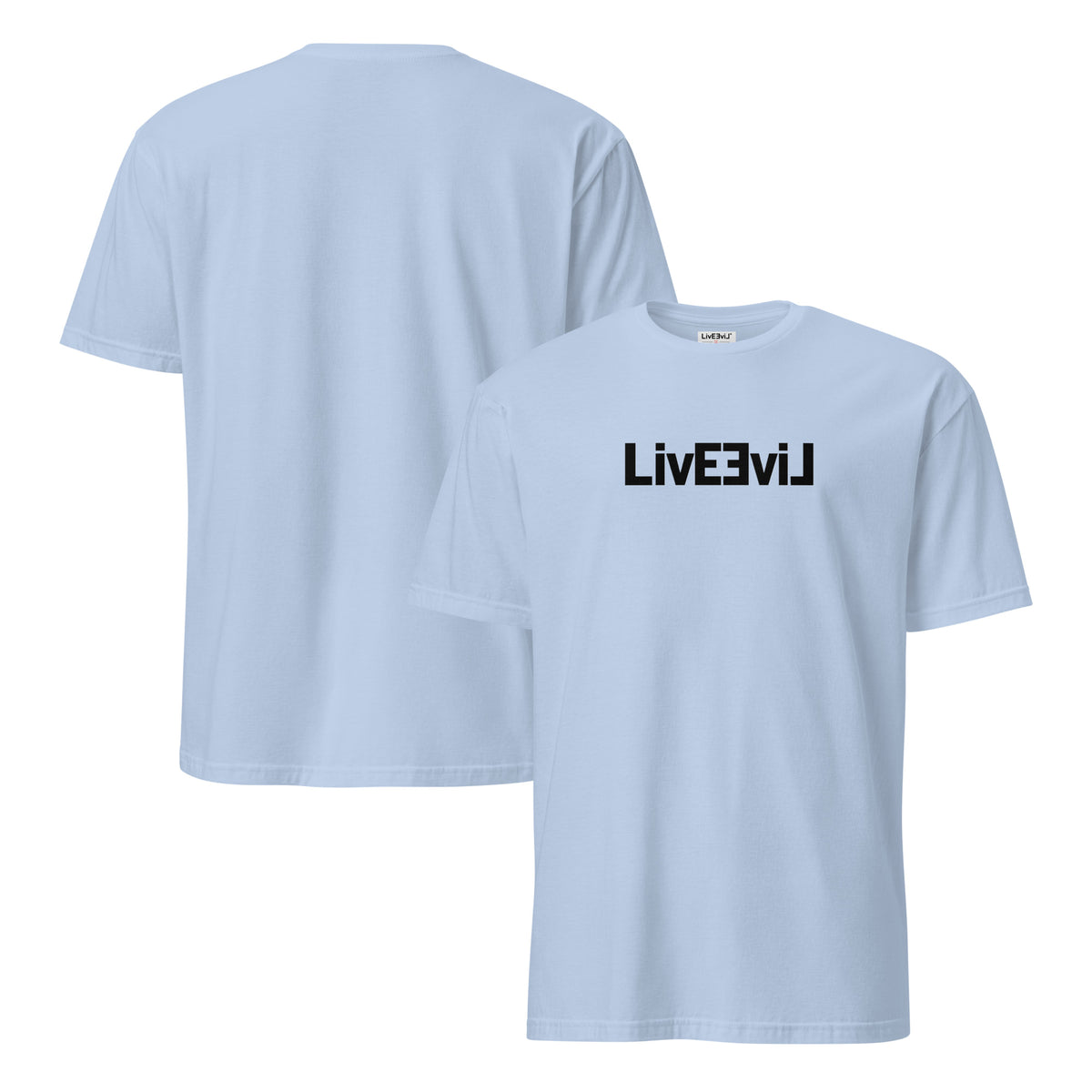 Original Logo light colors LivEƎvi⅃ graphic tee in light blue, front and back view
