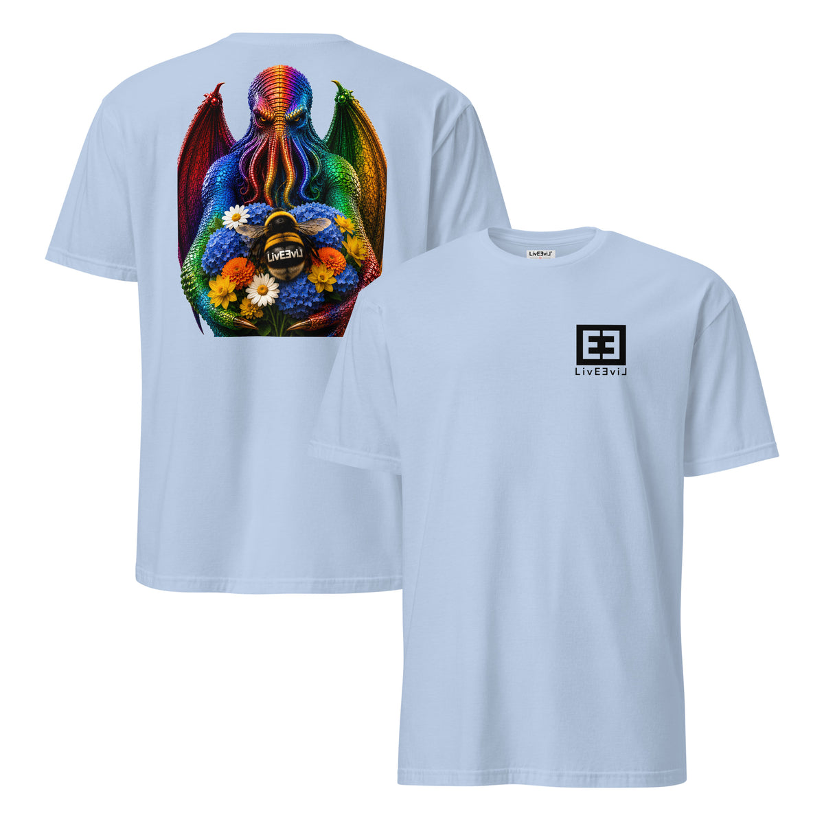 Cthulhu's Beautiful Flowers LivEƎvi⅃ graphic tee in light blue, front and back view
