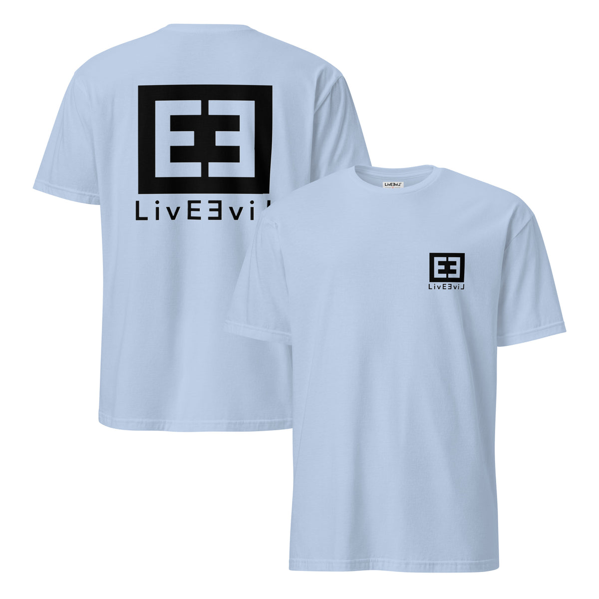 Perspective Shift LivEƎvi⅃ graphic tee in light blue, front and back view