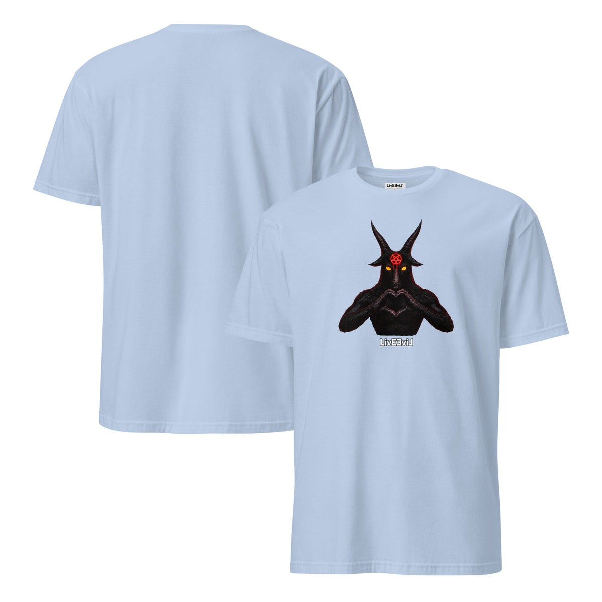 Baphomet Loves You LivEƎvi⅃ graphic tee in light blue, front and back view