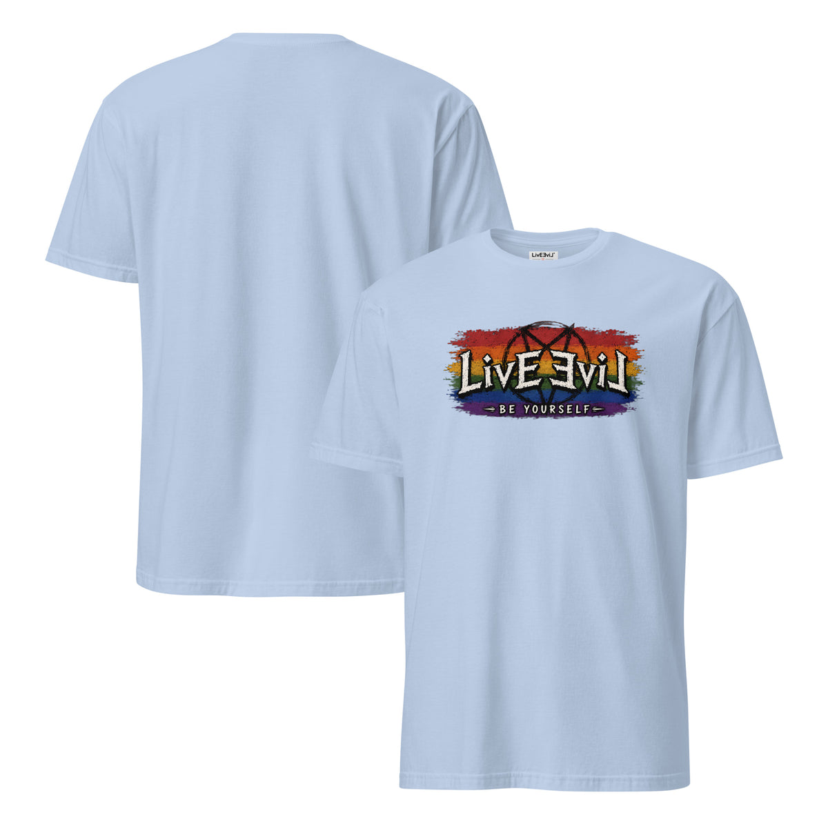 Be Yourself LivEƎvi⅃ graphic tee in light blue, front and back view