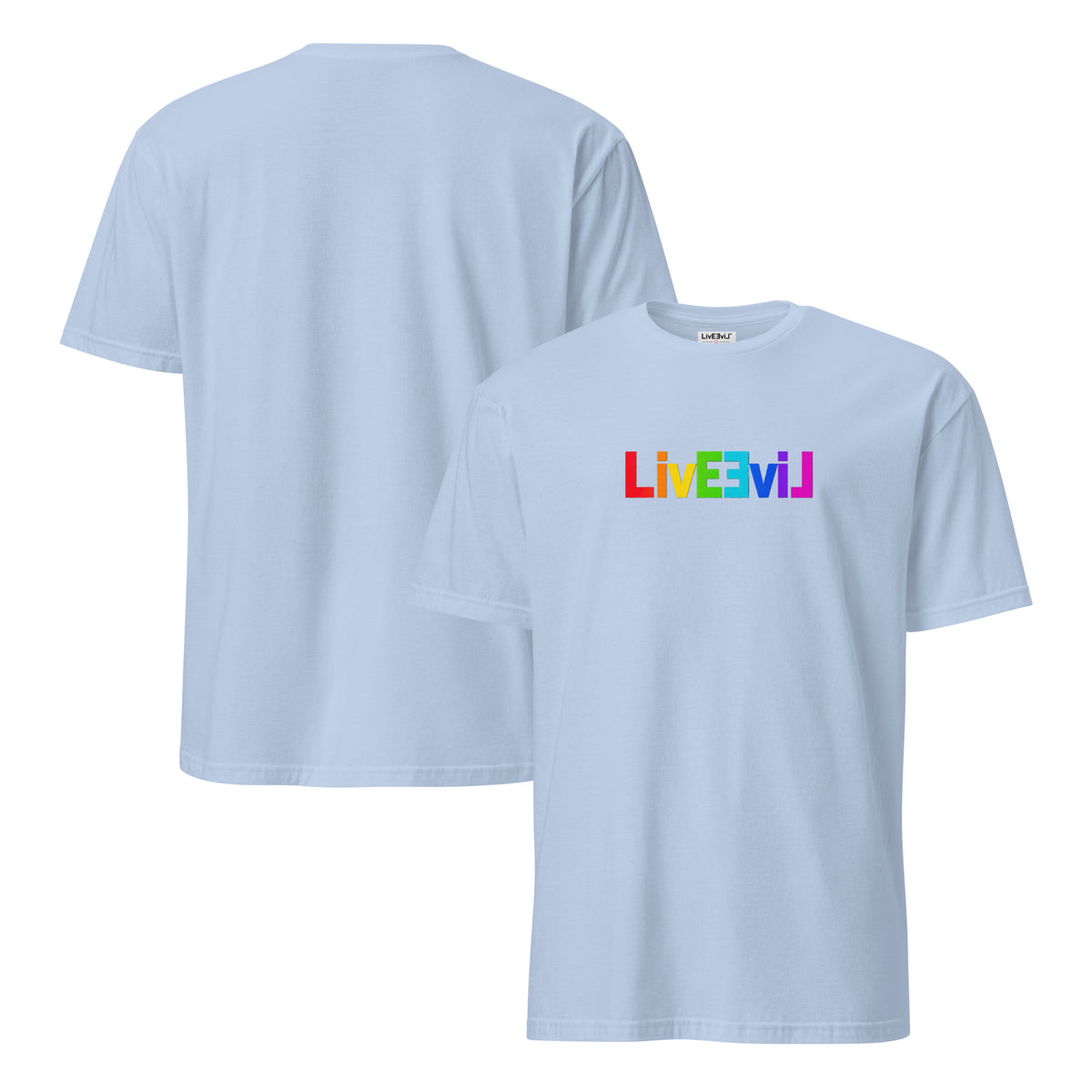 Rainbow Classic Logo LivEƎvi⅃ graphic tee in light blue, front and back view