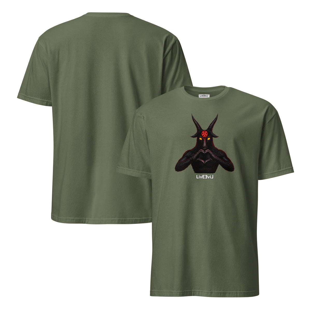 Baphomet Loves You LivEƎvi⅃ graphic tee in military green, front and back view