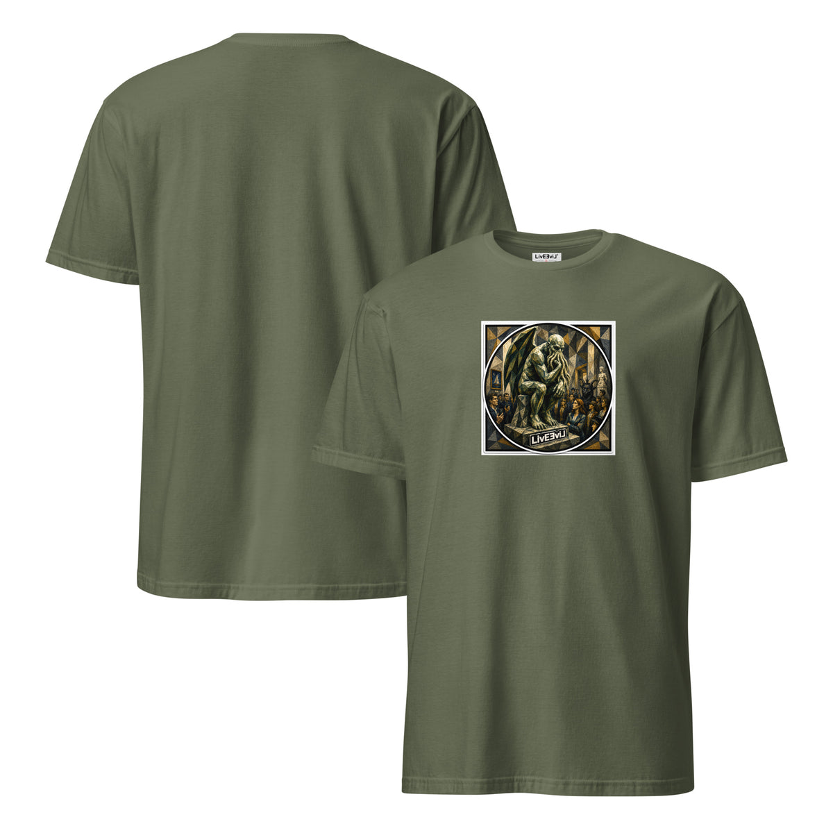 Cthulhu The Thinker LivEƎvi⅃ graphic tee in military green, front and back view