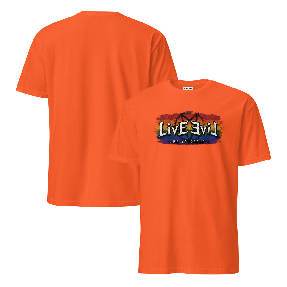 Be Yourself LivEƎvi⅃ graphic tee in orange, front and back view