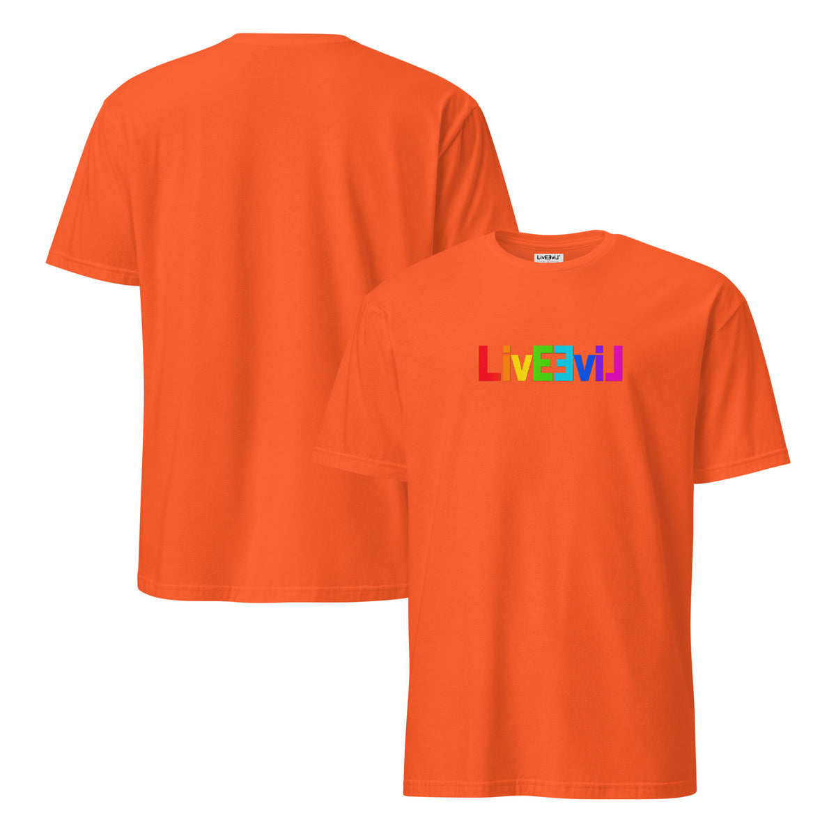 Rainbow Classic Logo LivEƎvi⅃ graphic tee in orange, front and back view