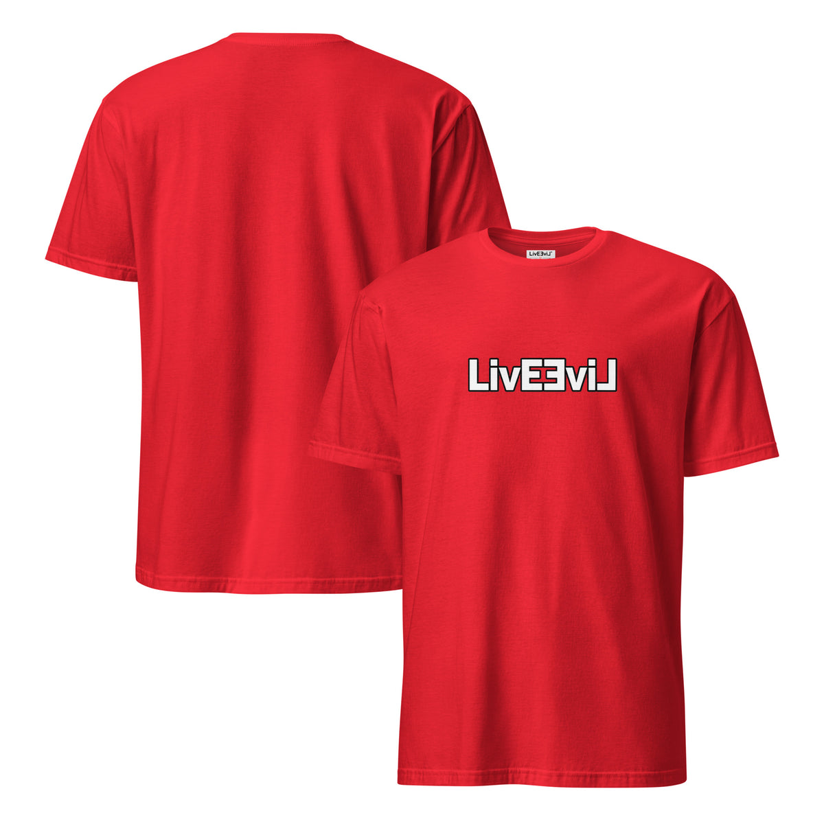 LivEƎvi⅃ 1OF3 logo graphic tee in red, front and back view