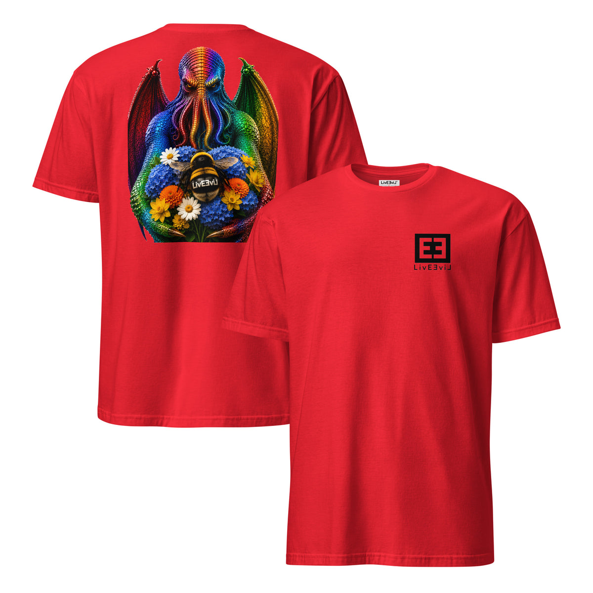 Cthulhu's Beautiful Flowers LivEƎvi⅃ graphic tee in red, front and back view