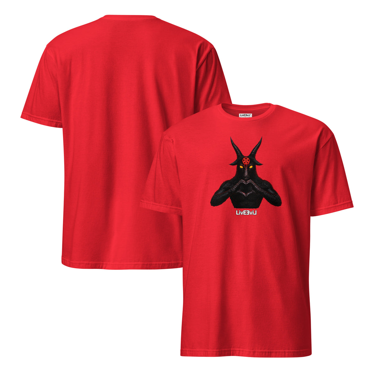 Baphomet Loves You LivEƎvi⅃ graphic tee in red, front and back view