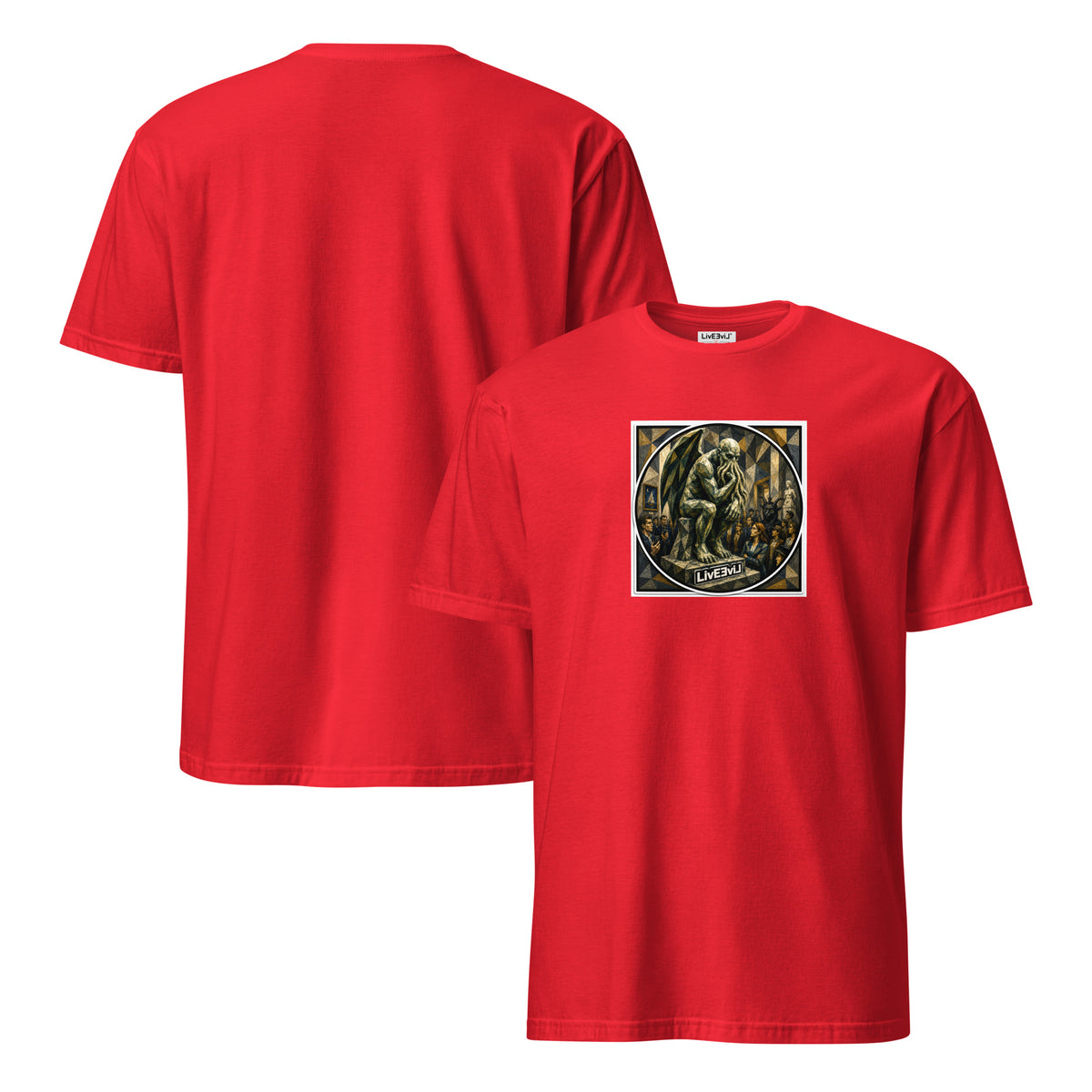 Cthulhu The Thinker LivEƎvi⅃ graphic tee in red, front and back view