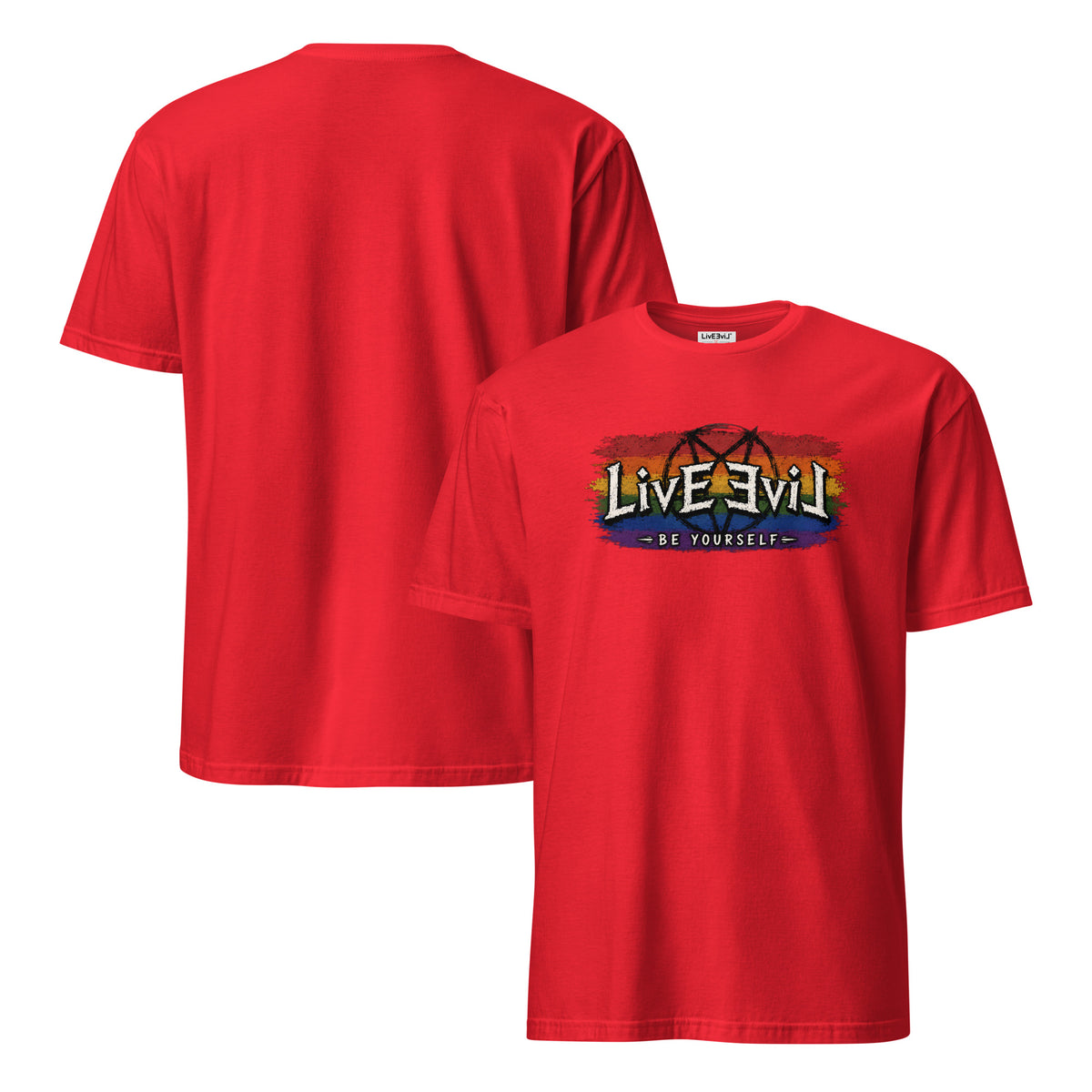 Be Yourself LivEƎvi⅃ graphic tee in red, front and back view