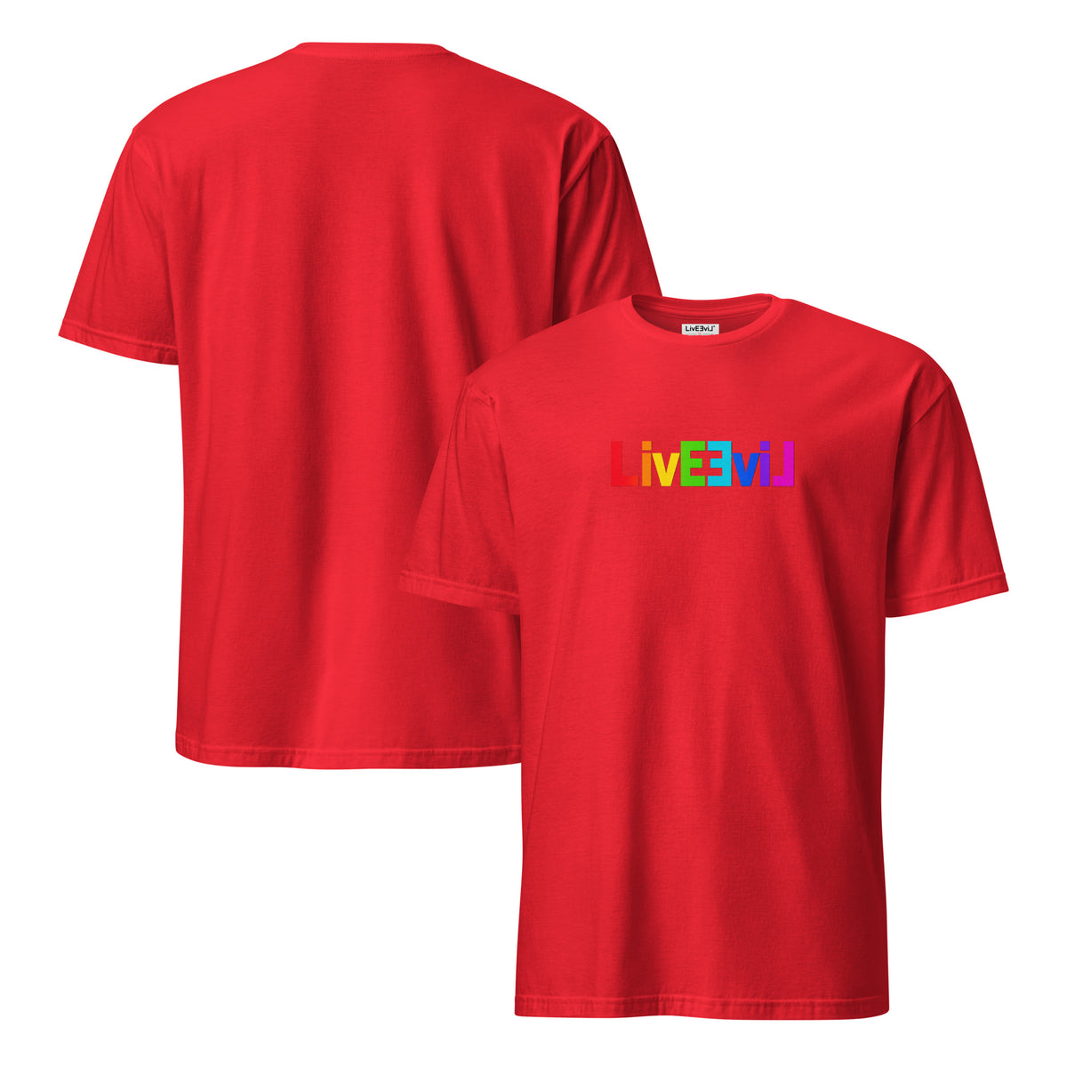 Rainbow Classic Logo LivEƎvi⅃ graphic tee in red, front and back view