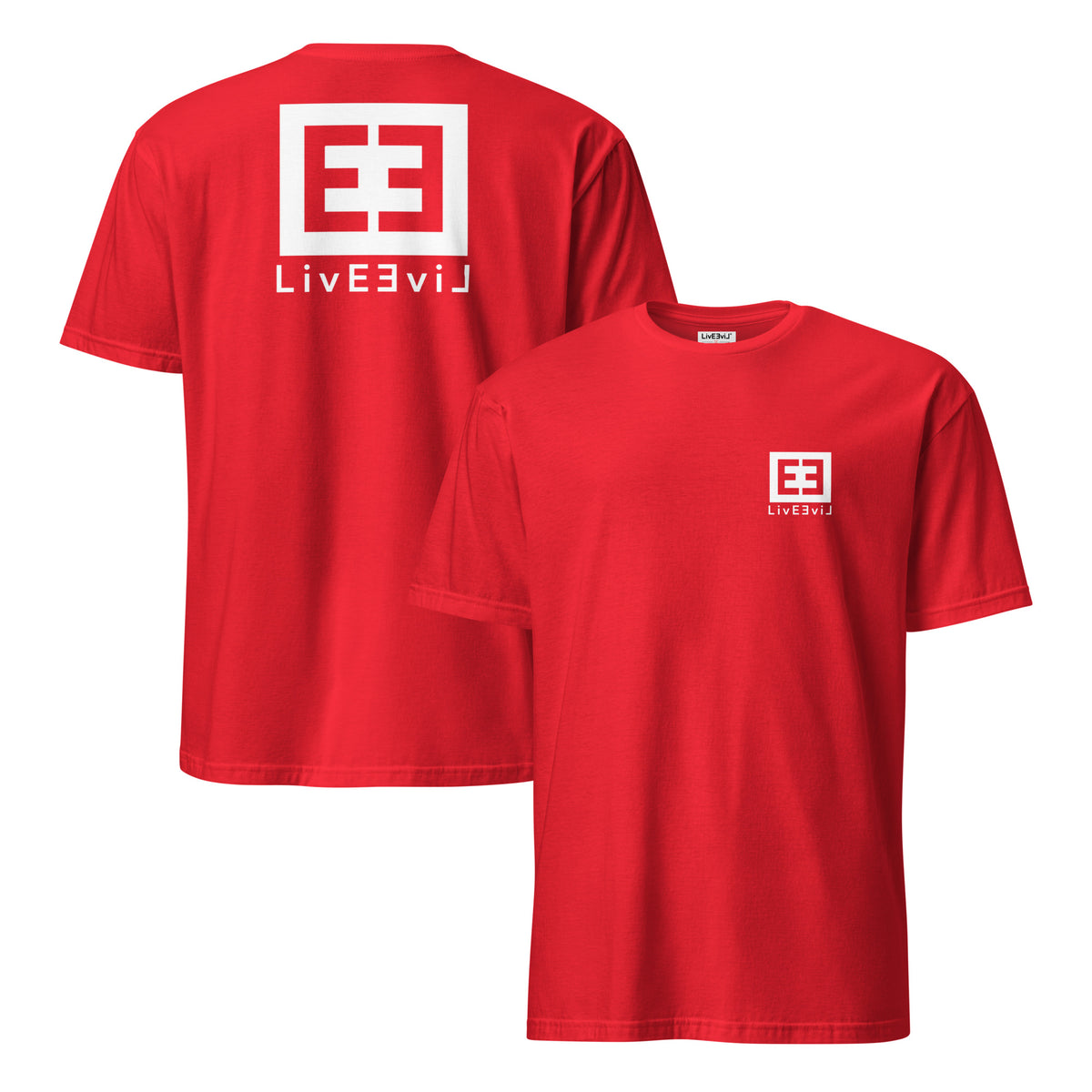 LivEƎvi⅃ 3OF3 graphic T-shirt in red, front and back view