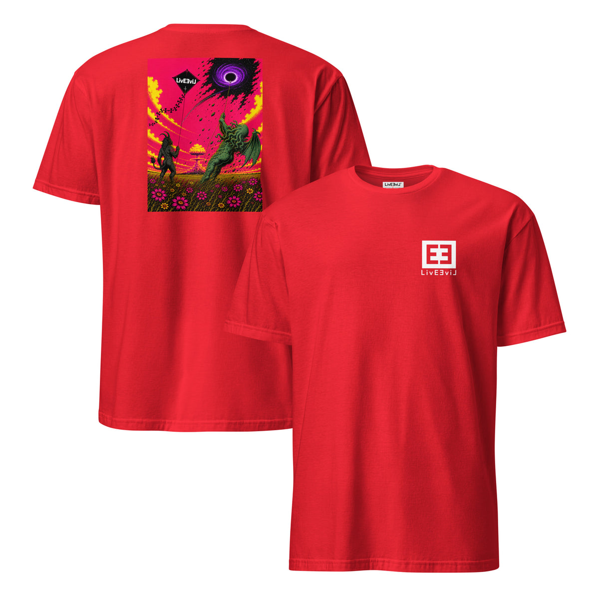 Kite Chaos LivEƎvi⅃ graphic T-shirt in red, front and back view
