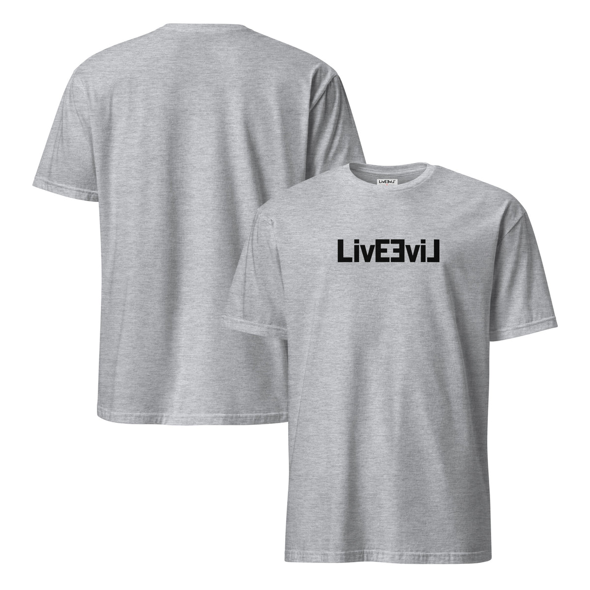 Original Logo light colors LivEƎvi⅃ graphic tee in sport grey, front and back view