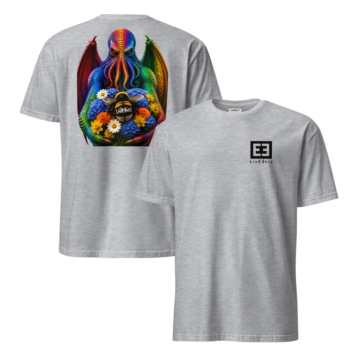 Cthulhu's Beautiful Flowers LivEƎvi⅃ graphic tee in sport grey, front and back view