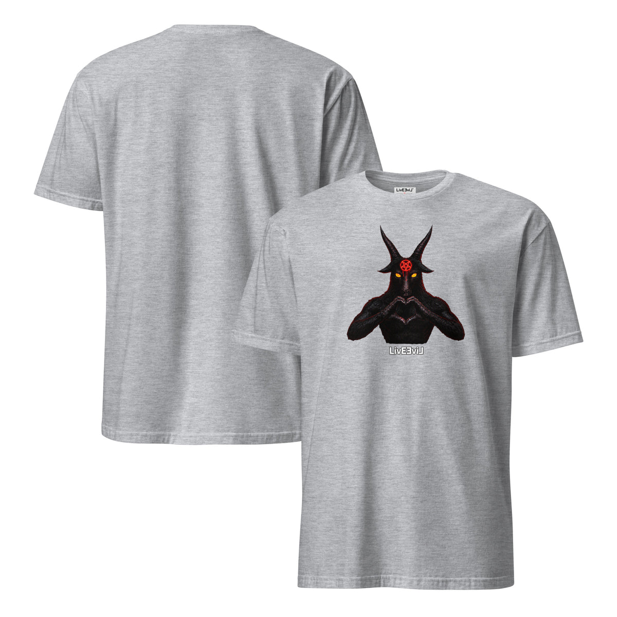 Baphomet Loves You LivEƎvi⅃ graphic tee in sport grey, front and back view