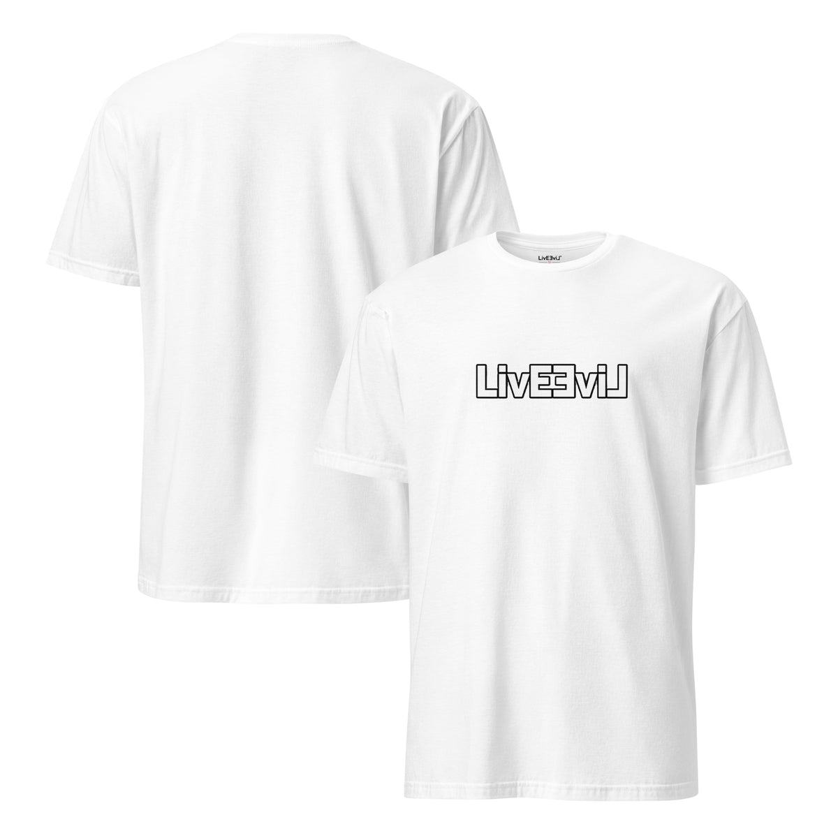 LivEƎvi⅃ 1OF3 logo graphic tee in white, front and back view