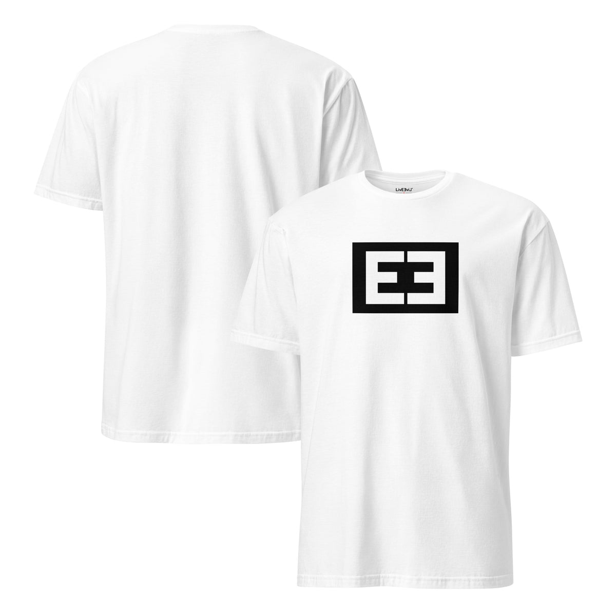 Question the Label LivEƎvi⅃ graphic tee in white, front and back view