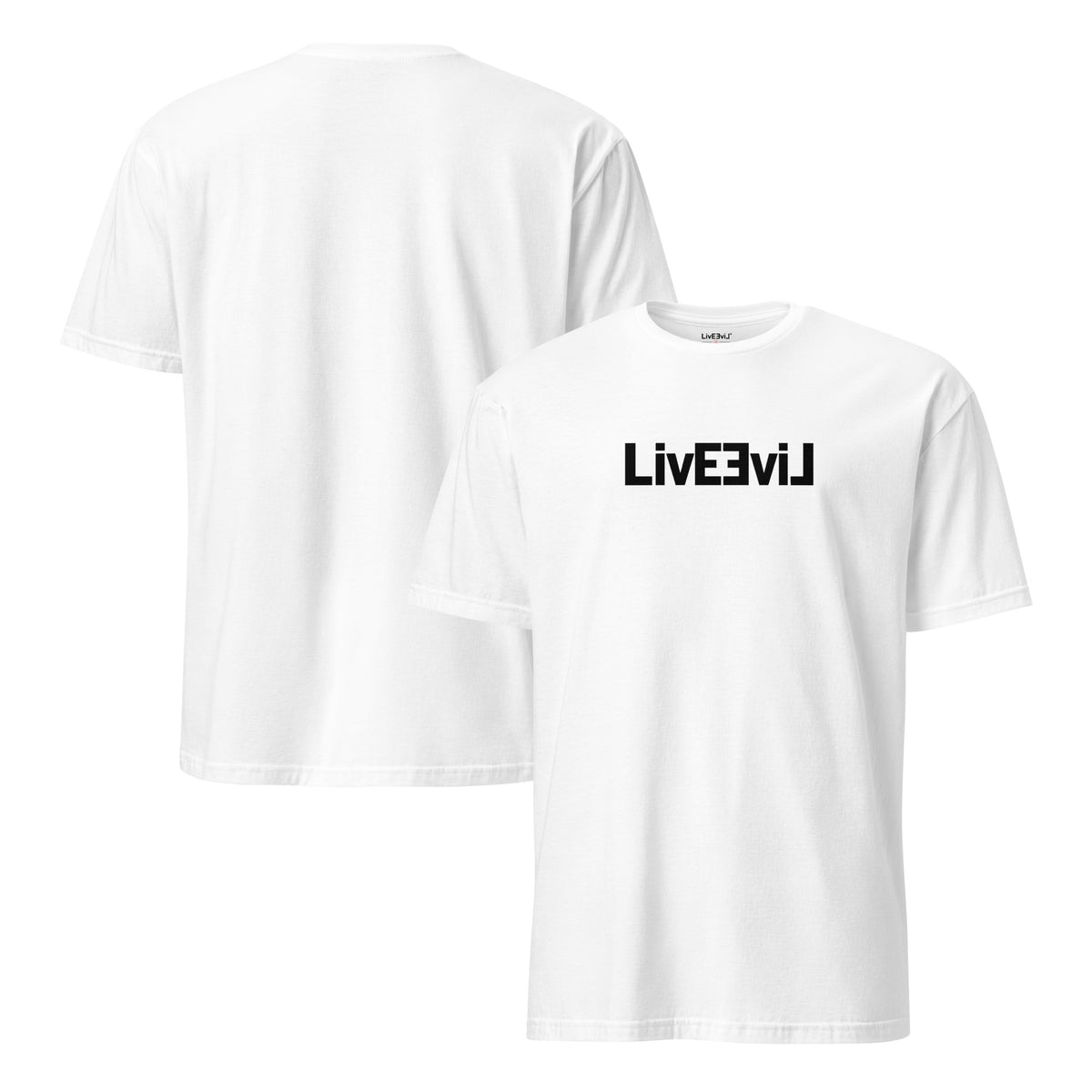 Original Logo light colors LivEƎvi⅃ graphic tee in white, front and back view