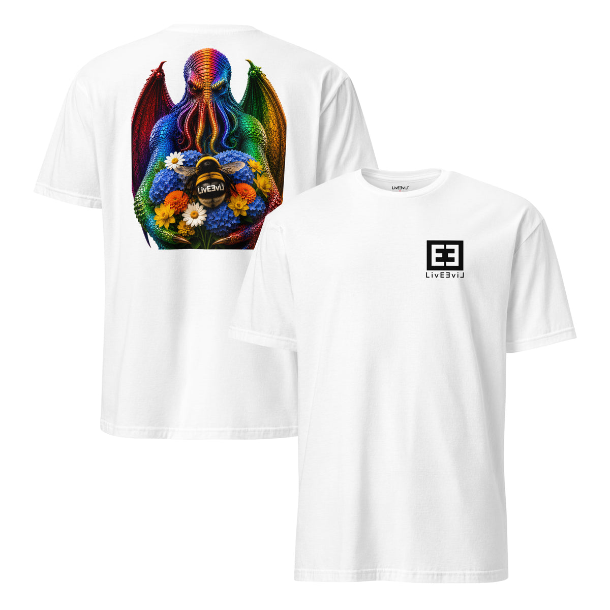 Cthulhu's Beautiful Flowers LivEƎvi⅃ graphic tee in white, front and back view