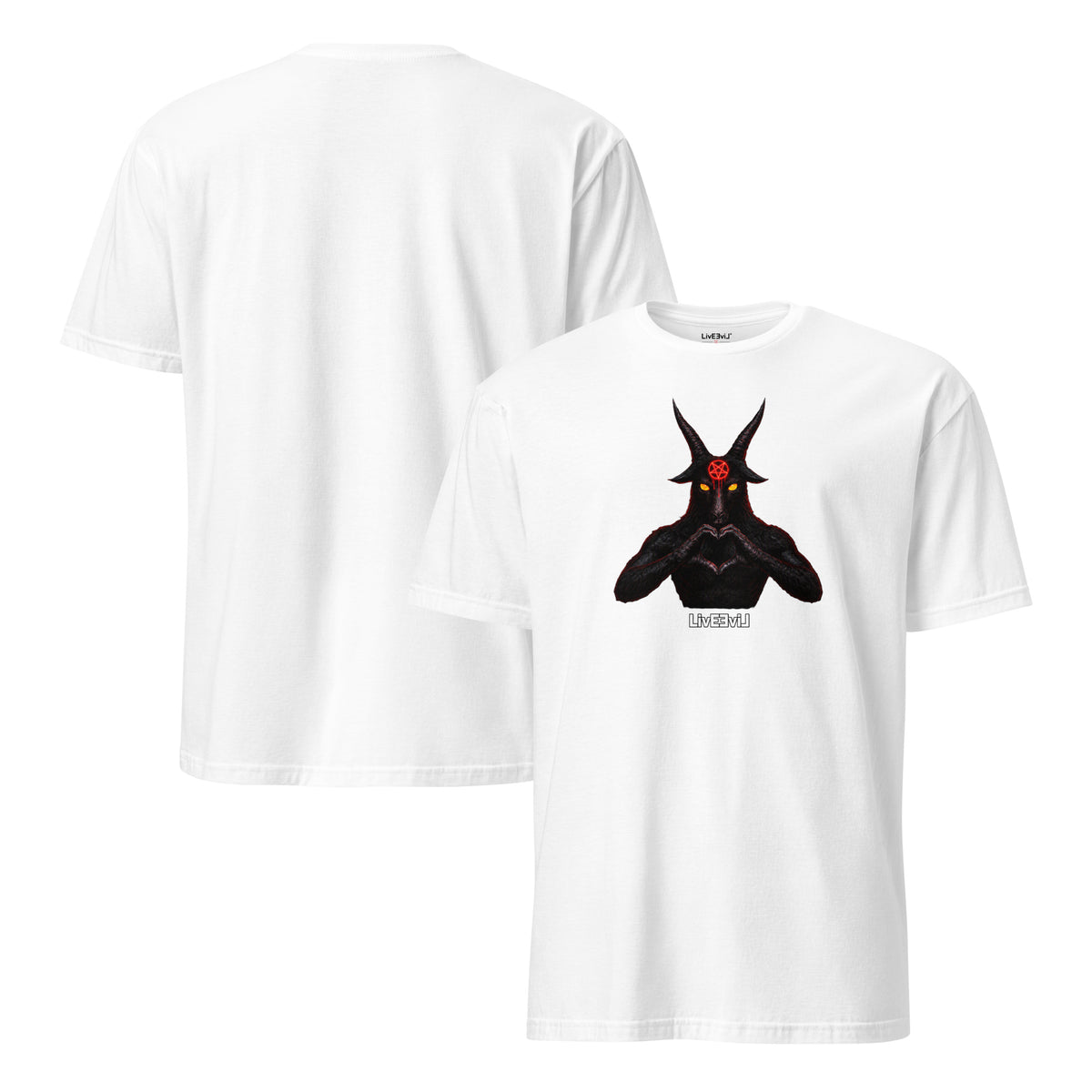 Baphomet Loves You LivEƎvi⅃ graphic tee in white, front and back view