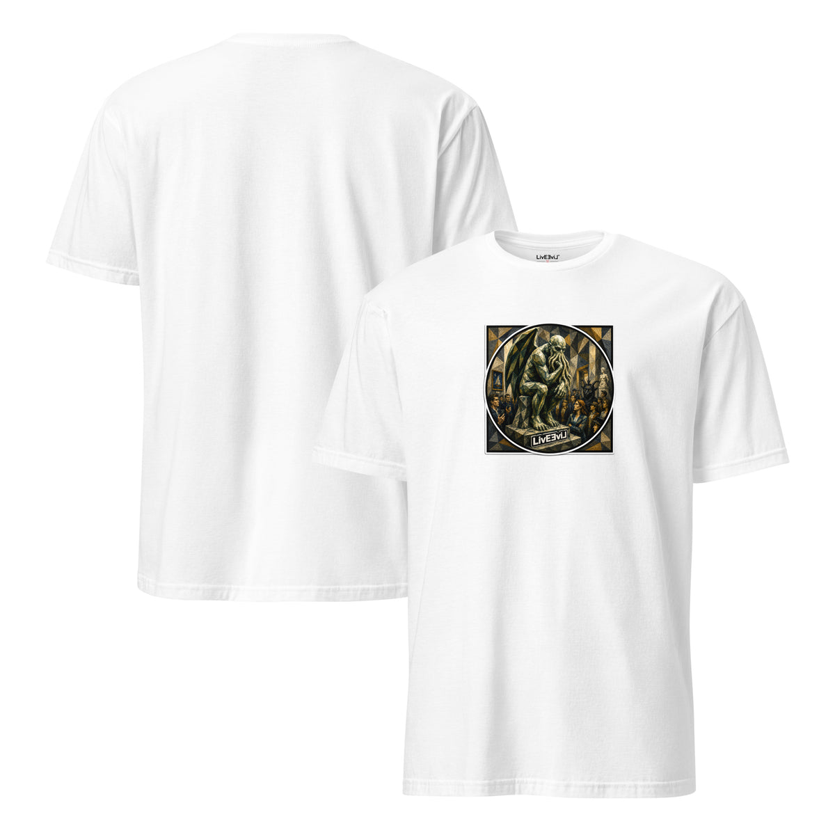 Cthulhu The Thinker LivEƎvi⅃ graphic tee in white, front and back view