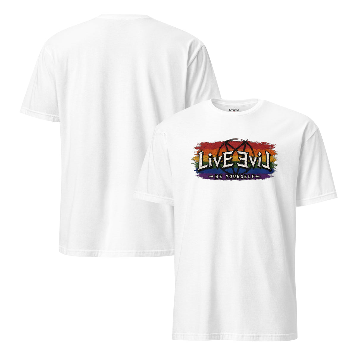 Be Yourself LivEƎvi⅃ graphic tee in white, front and back view