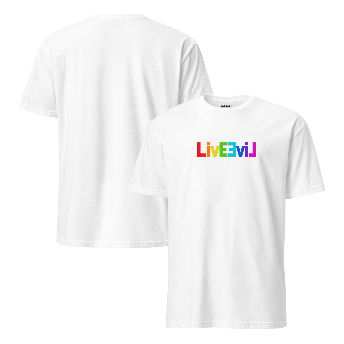 Rainbow Classic Logo LivEƎvi⅃ graphic tee in white, front and back view
