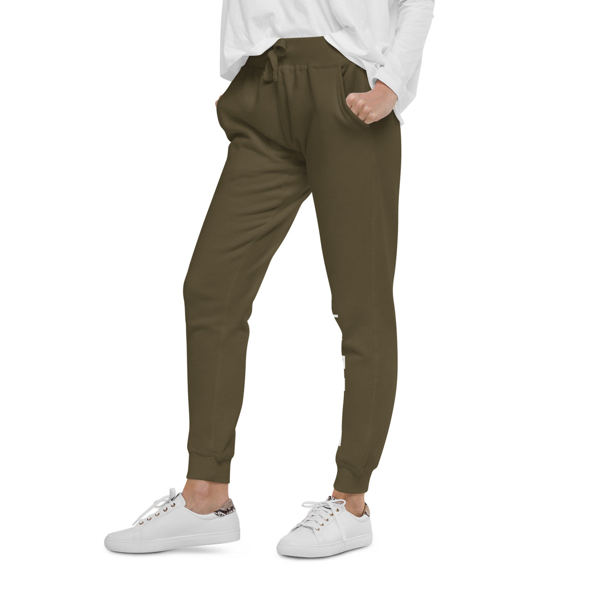 LivEƎvi⅃ After Dark fleece sweatpants in military green, left front view