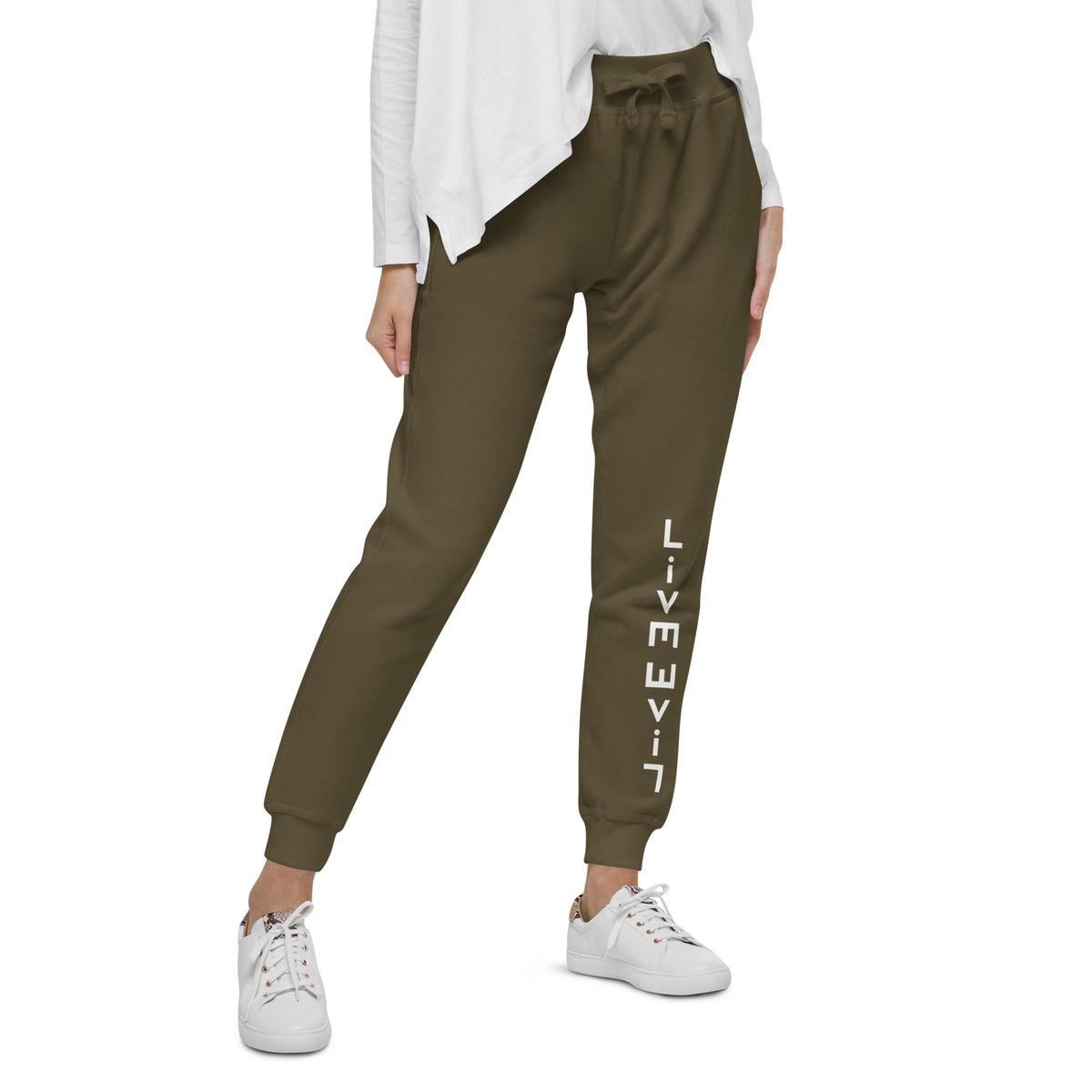 LivEƎvi⅃ After Dark fleece sweatpants in military green, right front view