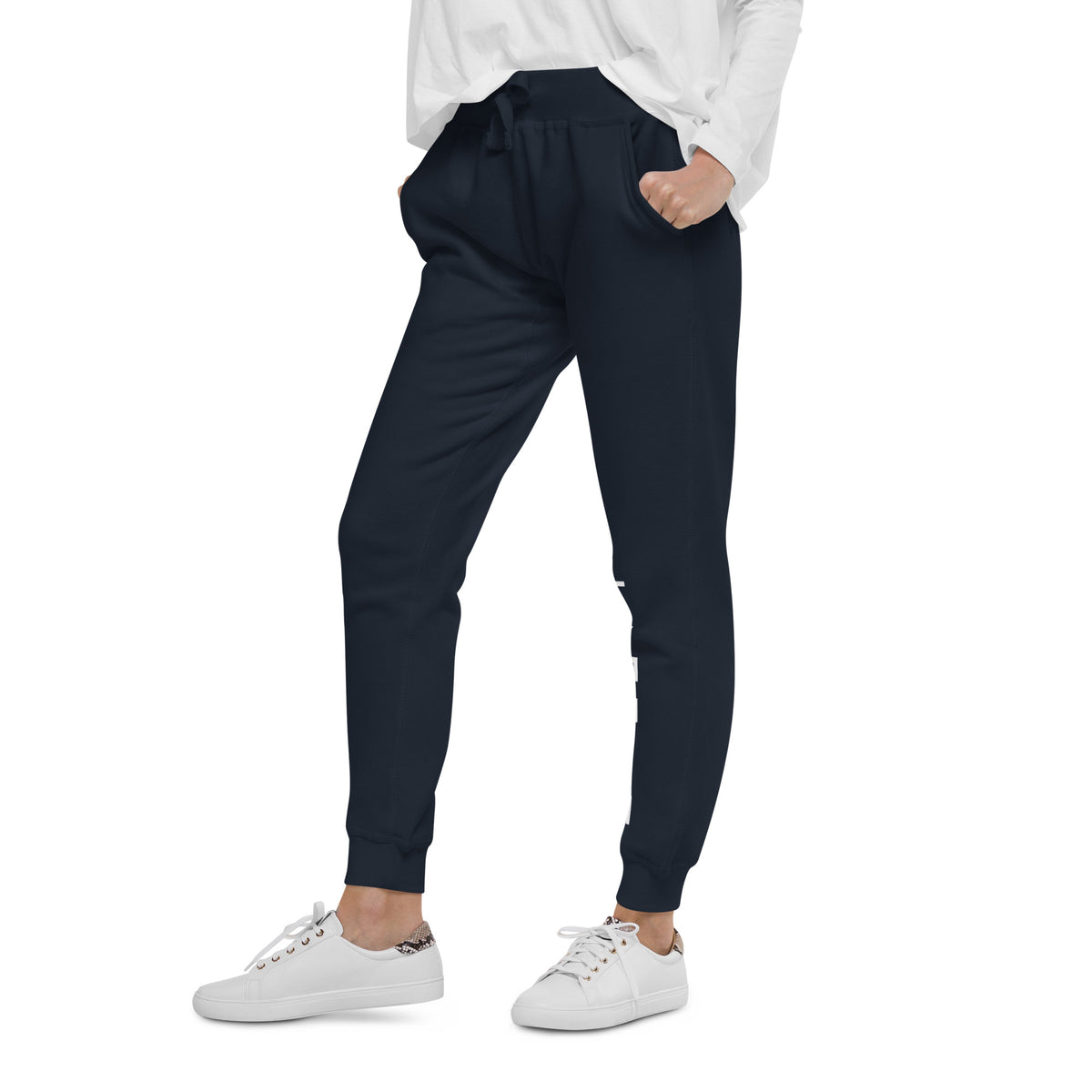 LivEƎvi⅃ After Dark fleece sweatpants in navy blazer, left front view