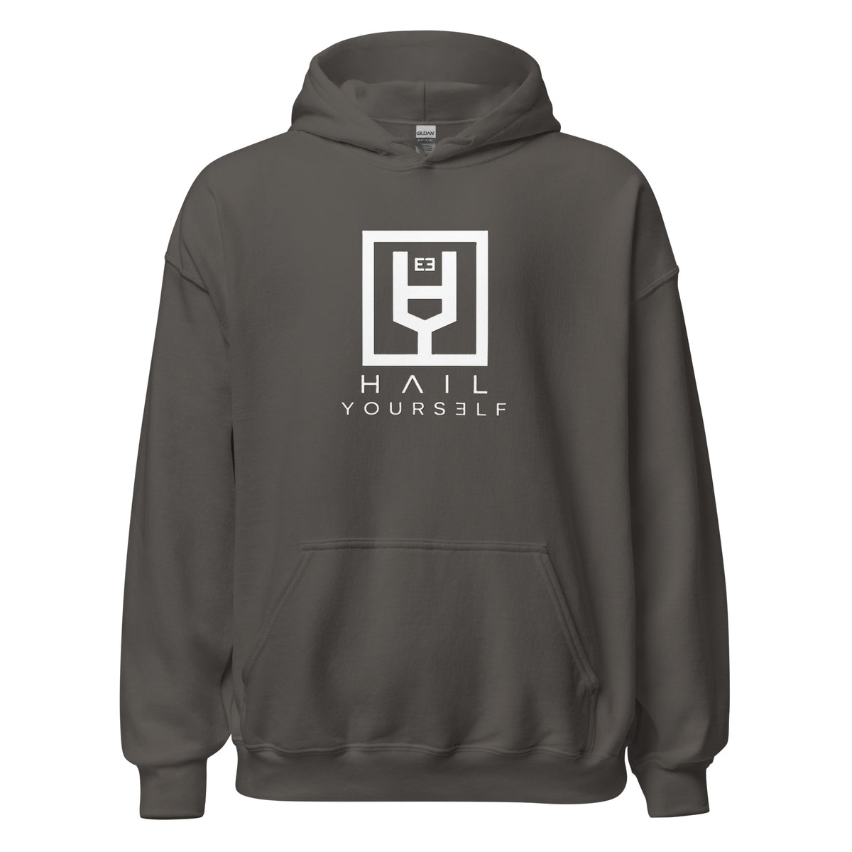 HAIL YOURSELF LivEƎvi⅃ Big & Tall graphic hoodie in charcoal, front view