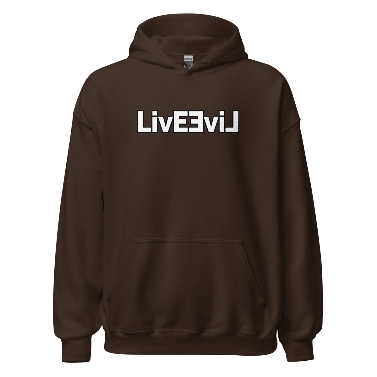 LivEƎvi⅃ 1OF3 Big & Tall graphic hoodie in dark chocolate, front view