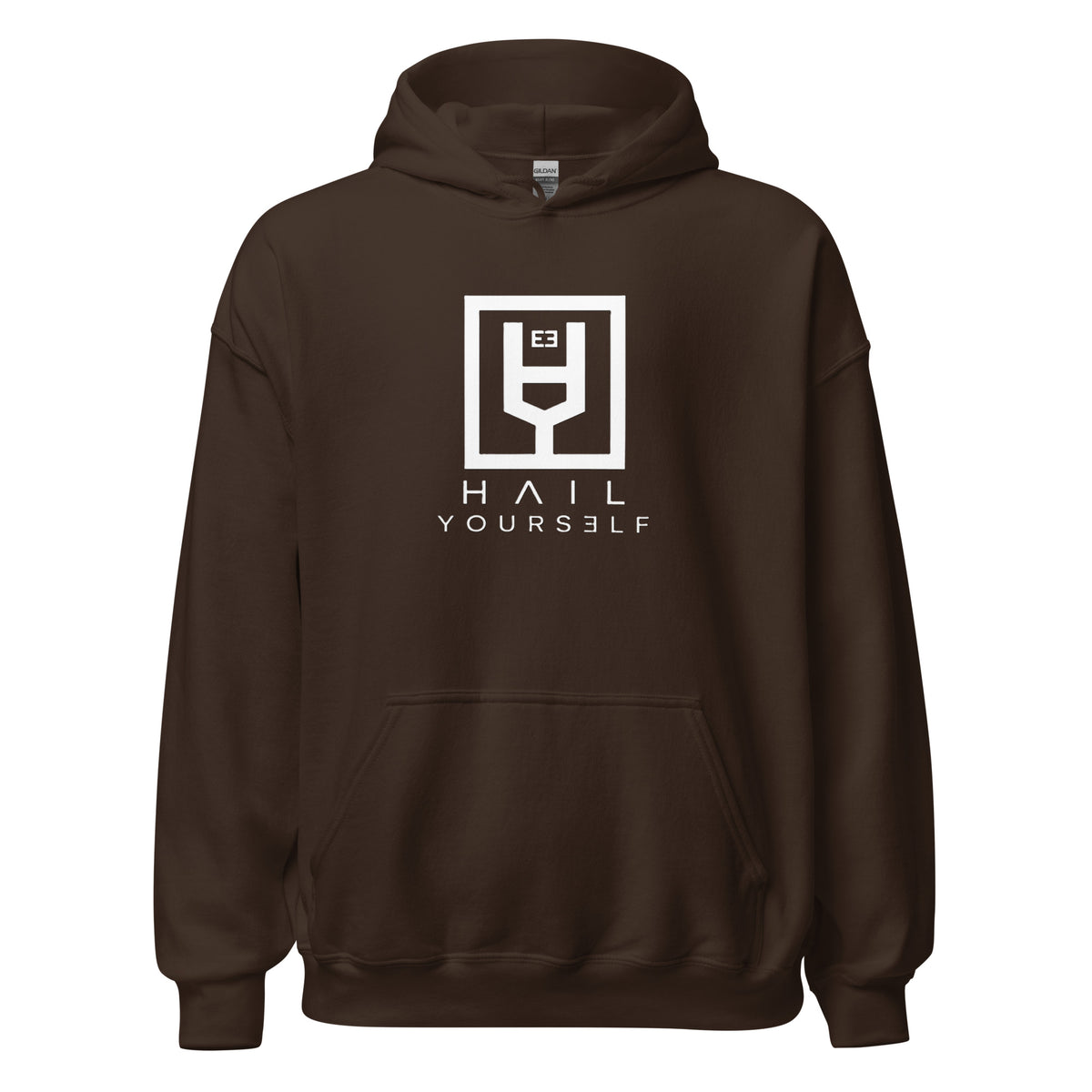 HAIL YOURSELF LivEƎvi⅃ Big & Tall graphic hoodie in dark chocolate, front view