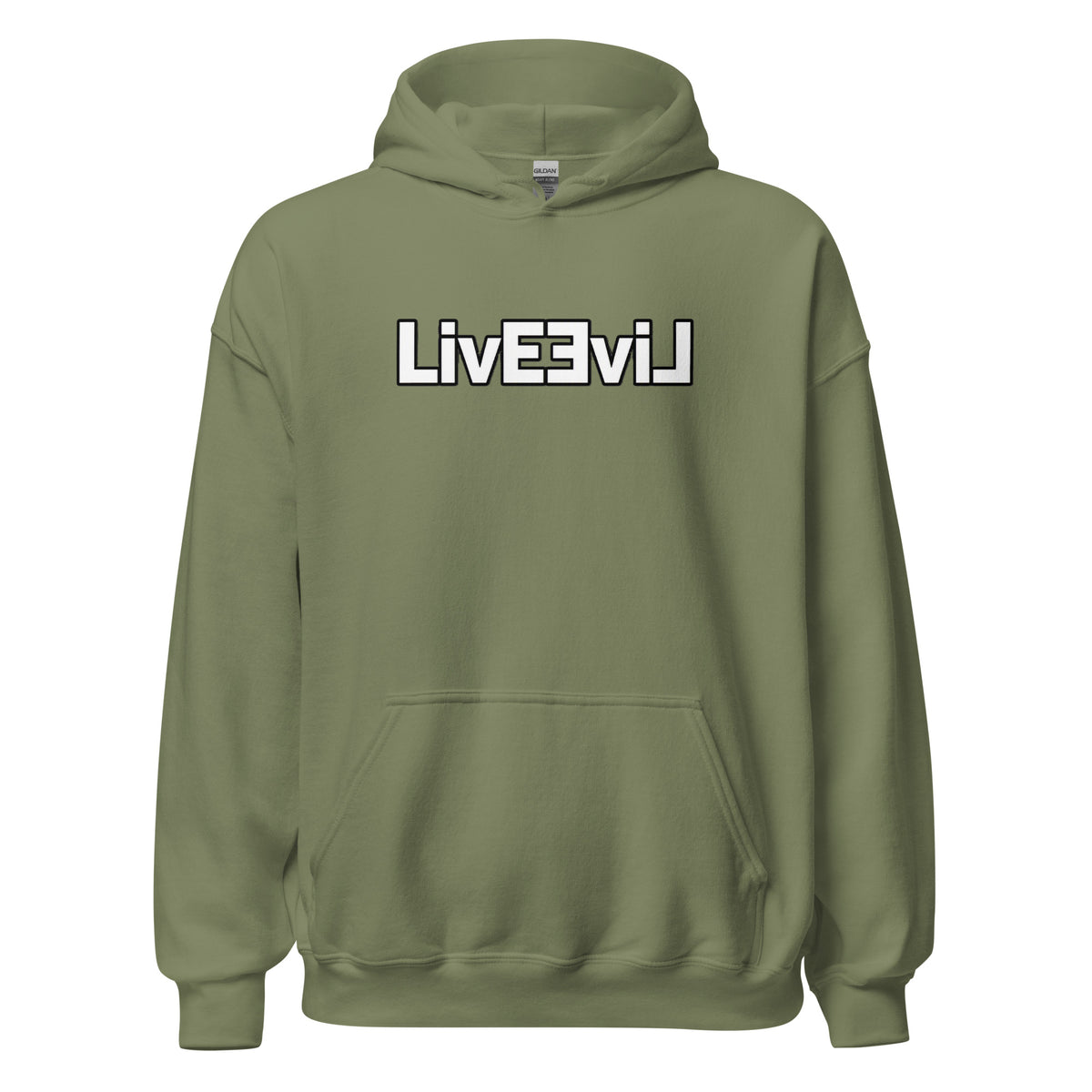 LivEƎvi⅃ 1OF3 Big & Tall graphic hoodie in military green, front view