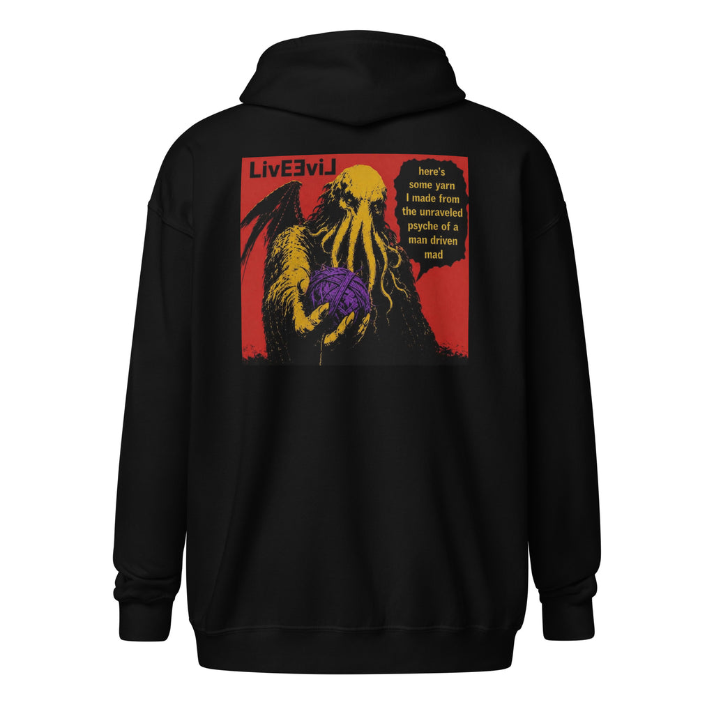Cthulhu's Making Yarn Again LivEƎvi⅃ zip hoodie in black, back view