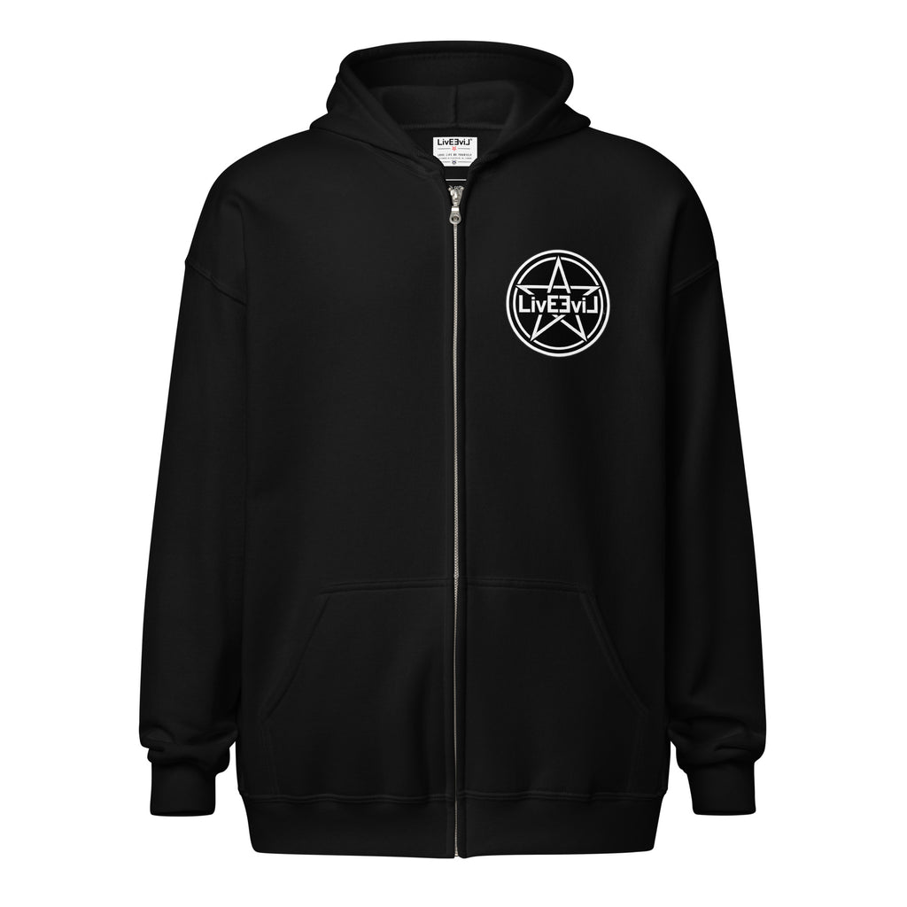 Cthulhu's Making Yarn Again LivEƎvi⅃ zip hoodie in black, front view
